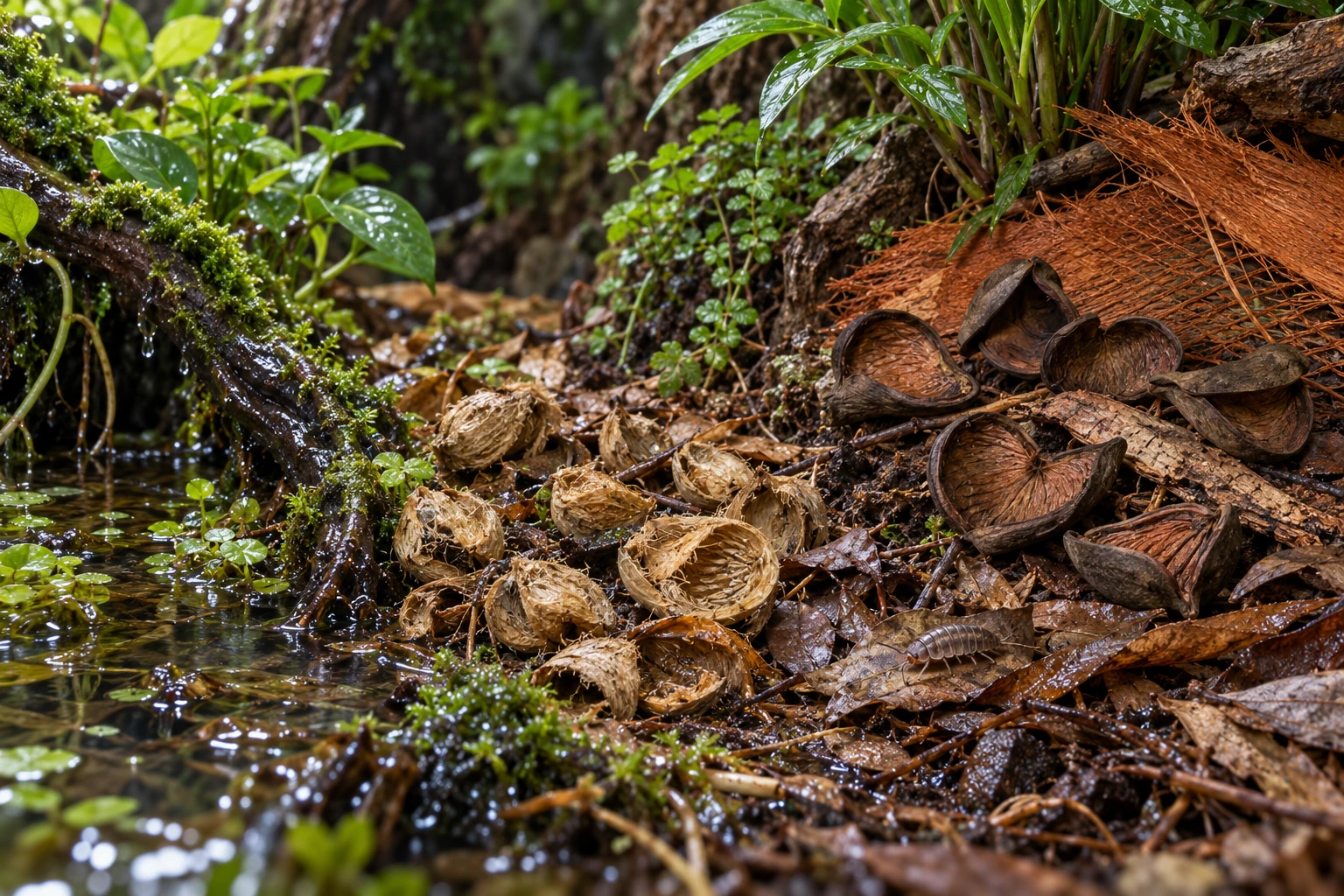 A wet margin grading into damp litter and raised land with fibrous Betel husks, heart-shaped Badam pods and Palm Bakla sheath texture.