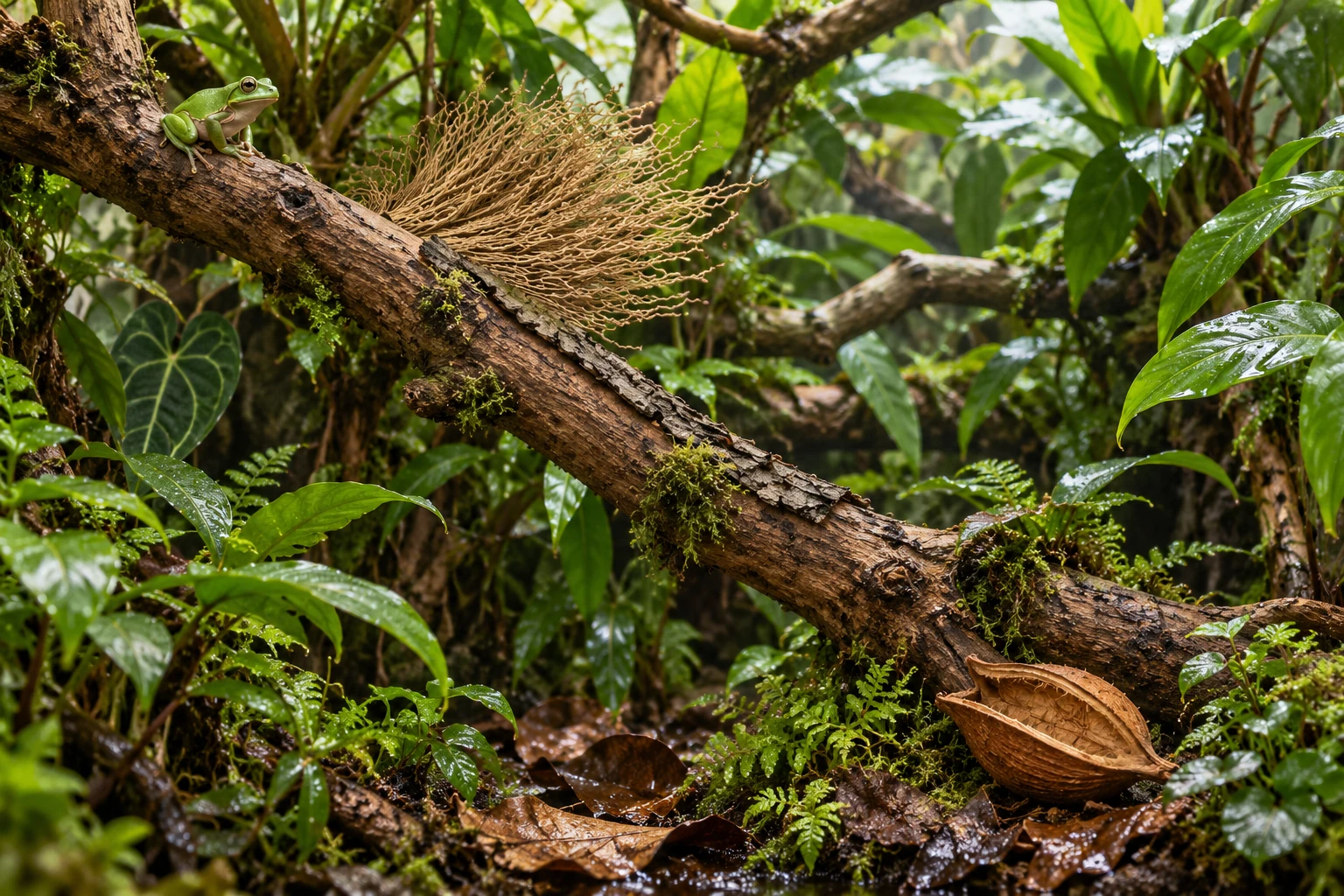 A green frog on a substantial branch above Kurrajong, Palm Torch and bark accents, with a visible descending route.