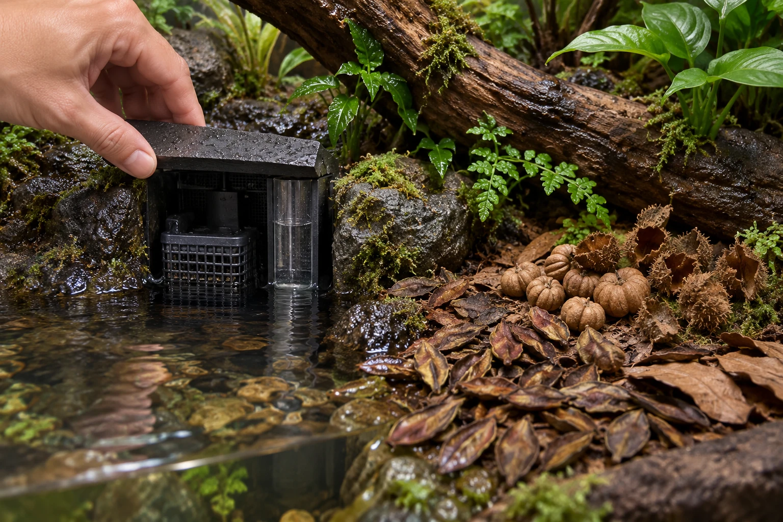 A hand lifts an equipment cover beside a screened intake; Arjuna pods, Putka pods and Beech cupules remain away from it.