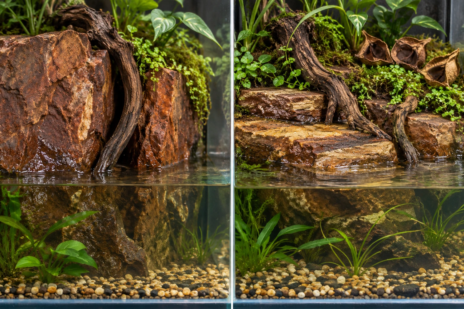 Side-by-side unstocked banks: a steep wall and trapping gap versus lower textured routes, with Negombo pods above.