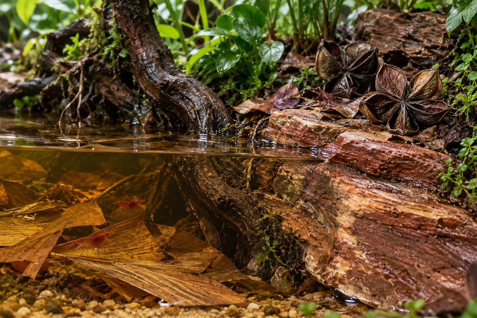 An amber freshwater edge with Banana leaf fragments, red shrimp underwater, Land Lotus pods and reddish textured stone above.