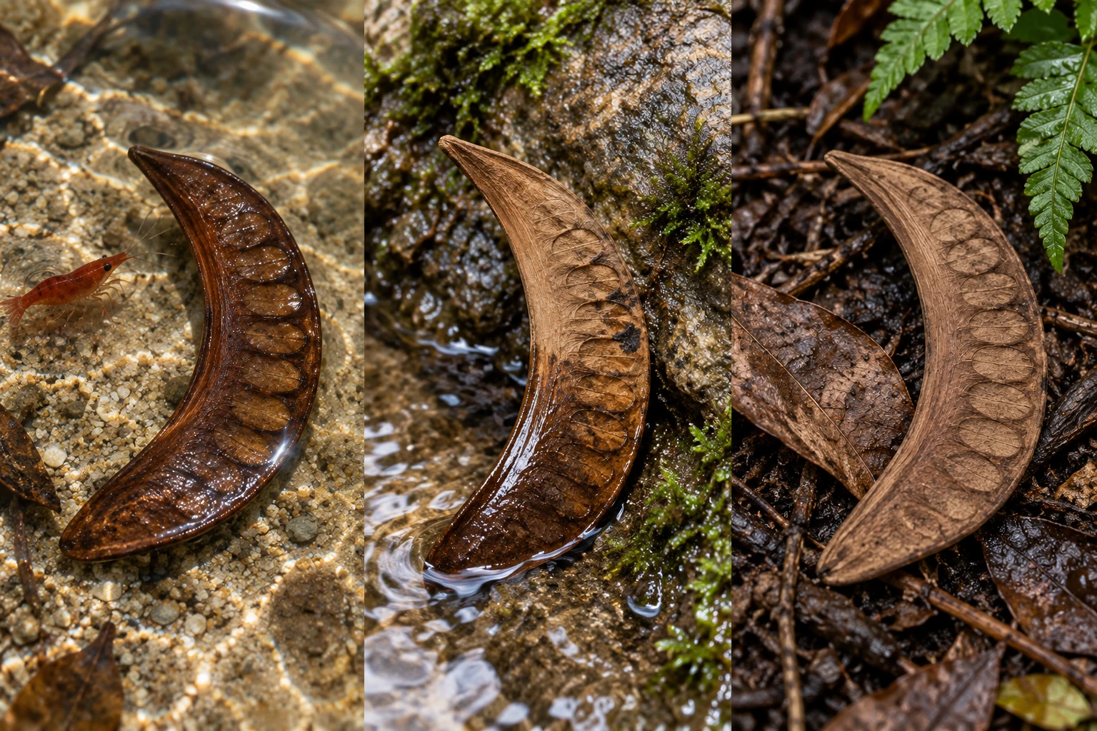 The same AquaCurl form appears submerged, at the wet edge and on drained land. These are placement examples, not a measured ageing sequence.