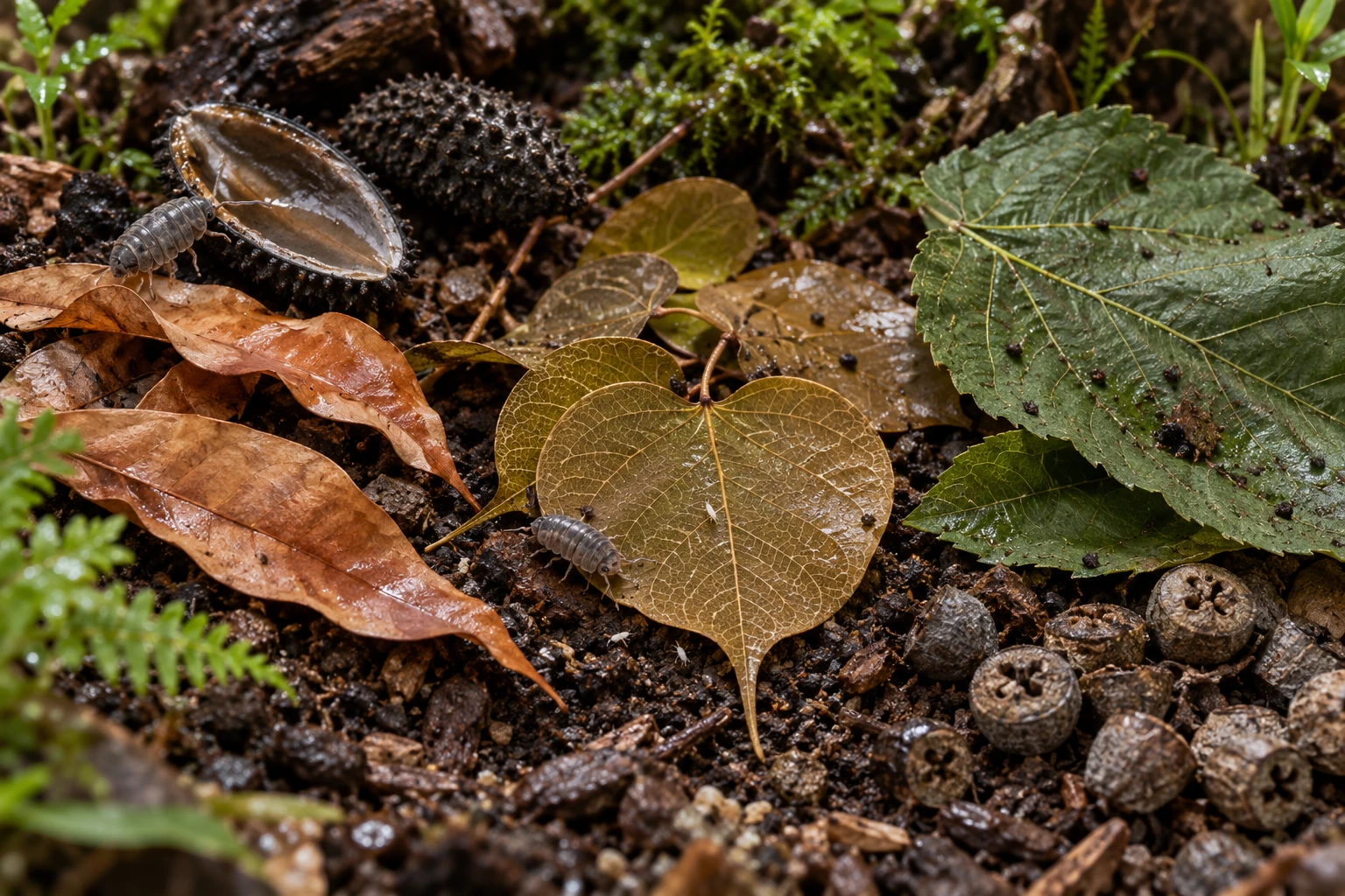 Longan, Bodhi and Mulberry leaves sit with Urchin pods and Eucalyptus fruit buttons on drained land. Loose pieces remain available for inspection.