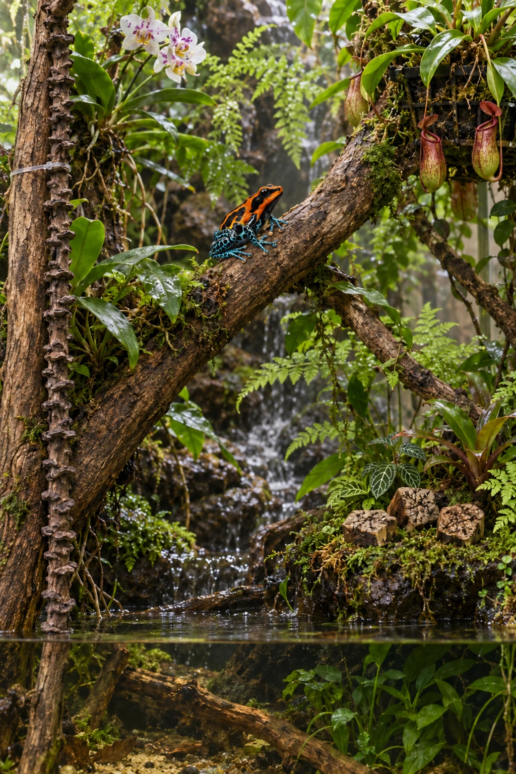 An orange-and-blue dart frog occupies a separate canopy example with orchids and Nepenthes. Musa Stem and Mahogany slices are botanical accents; the main branch provides support. Nepenthes sits in a separate draining container.