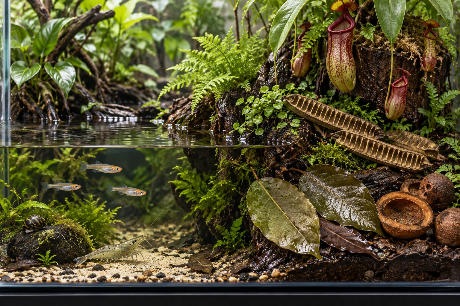 Cacao leaves, Step Fruit and Chapeuzinho cups occupy different moisture zones. The aquatic occupants illustrate a separate aquatic example; assess species requirements before choosing livestock.