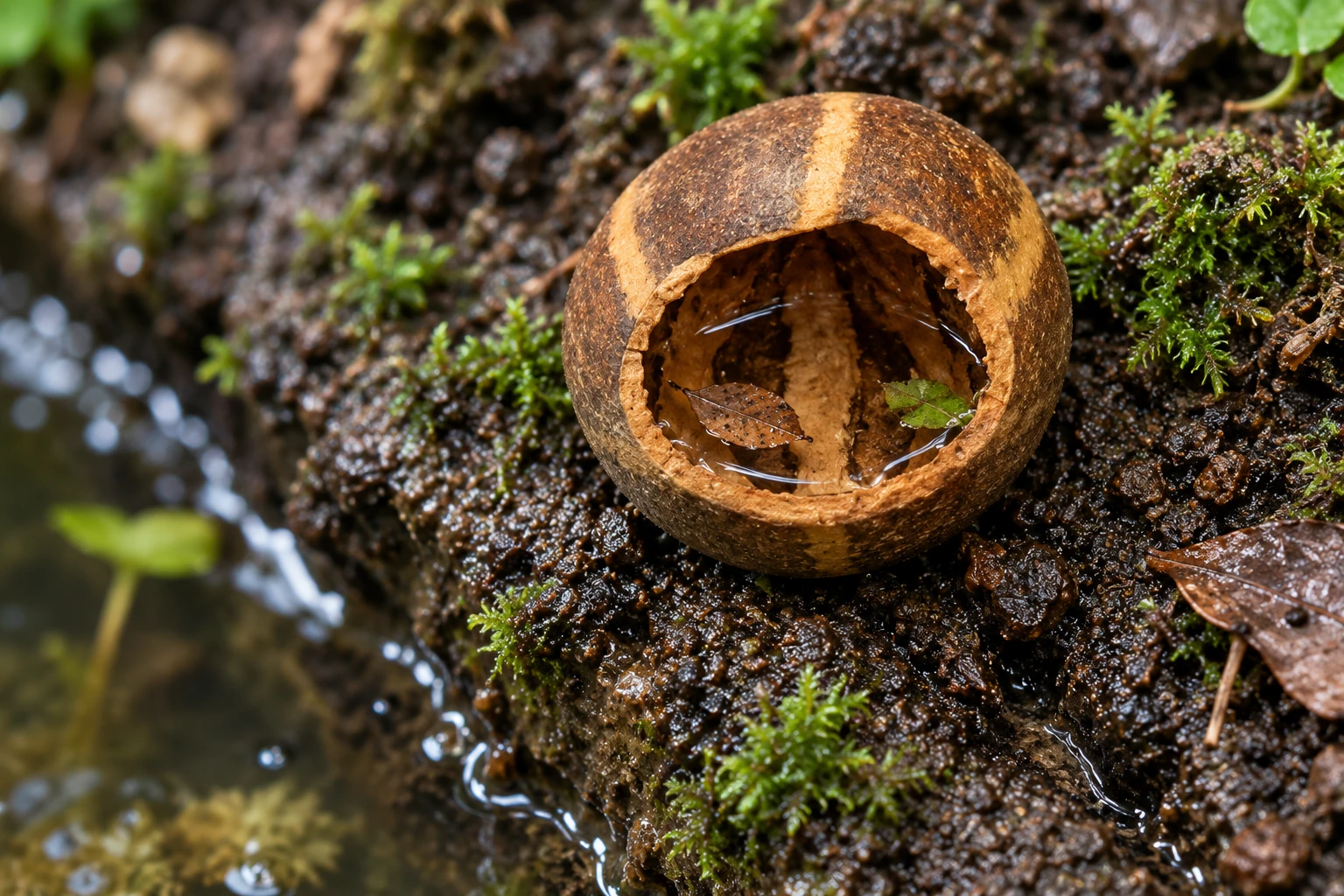 A Bellani Pumpkin Cup retains a small pool beside drained ground. Inspect the cavity and debris rather than treating it as the main filtered water area.