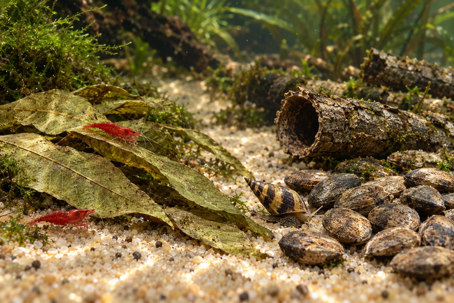 Arjuna leaves, Catappa nuts and a bark tube show different submerged forms beside shrimp and an assassin snail. Recheck openings as natural material changes.