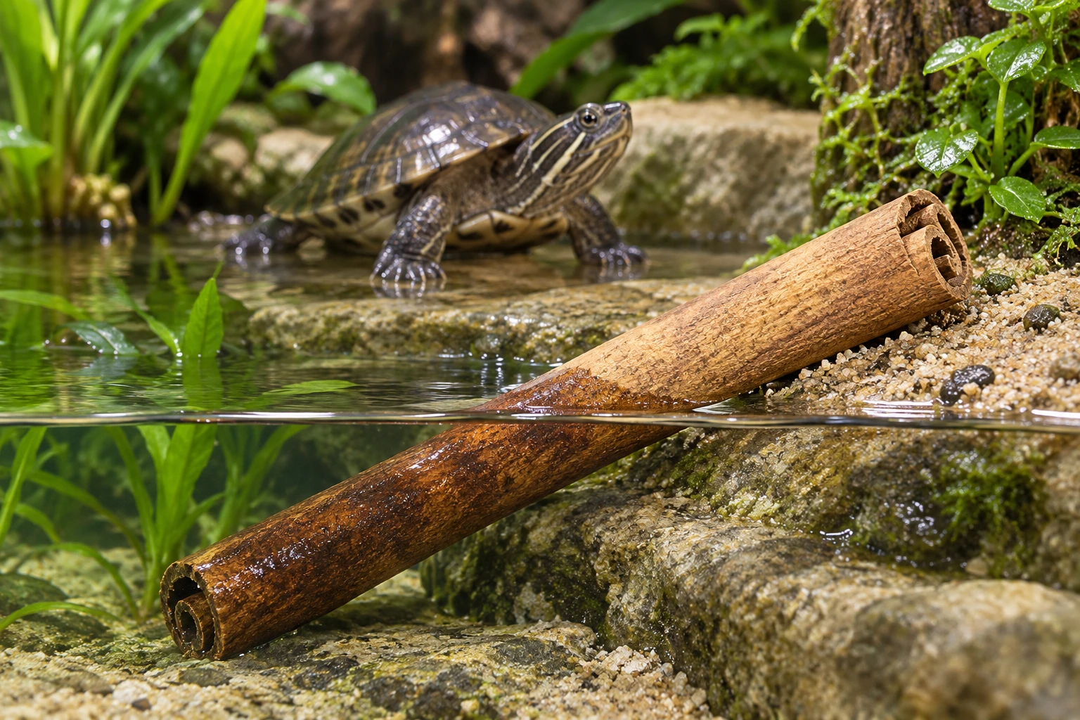 One Cinnamon bark stick crosses the wet/dry boundary. The turtle illustrates a separate scene, not a complete enclosure or a universal stocking recommendation.