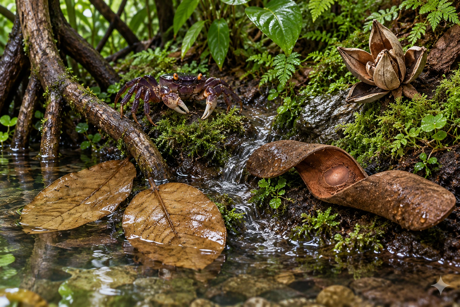 Mangrove leaves, a Wild Lily pod and a Sappanwood pod meet the wet edge. Keep the bank, drainage and animal routes accessible.