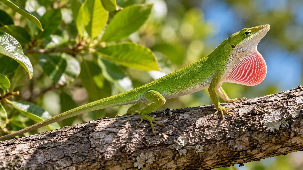 A male green anole extends its pink dewlap while perched on a branch, with its long tail extending behind.