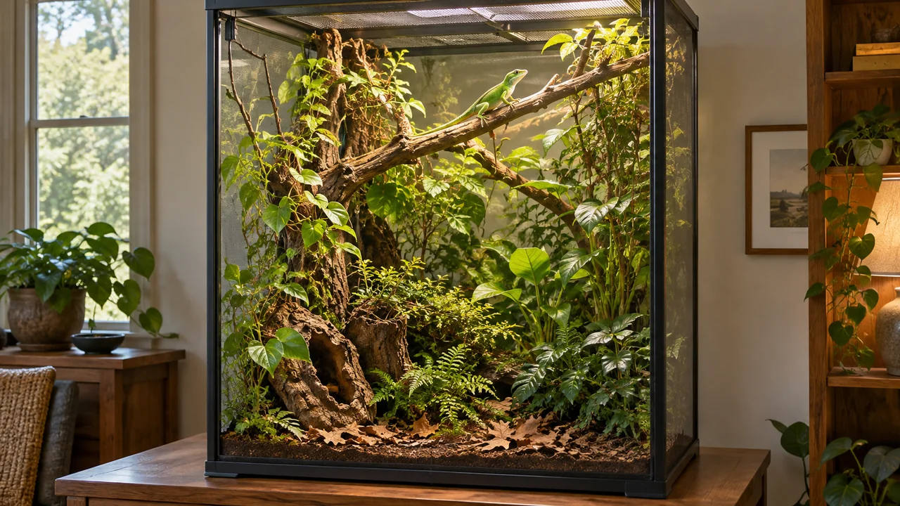 A bright planted anole enclosure with branches at several heights, leafy shelter and an open upper basking route.