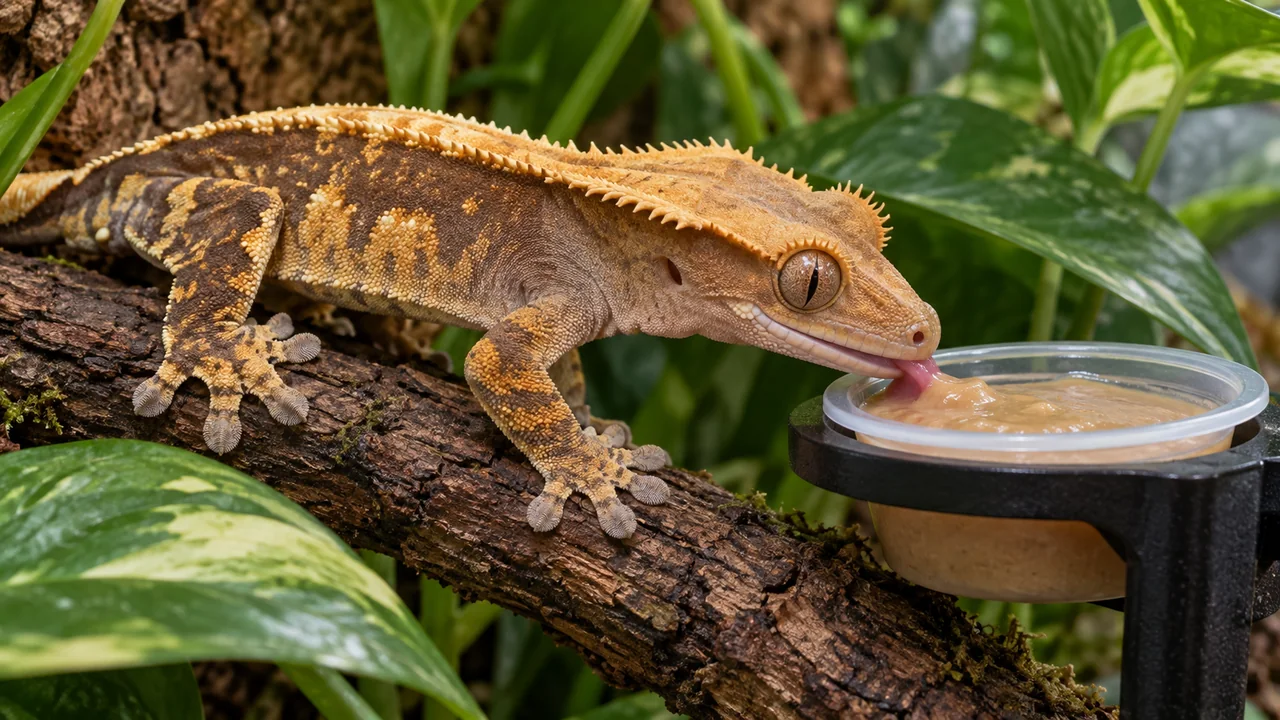 A crested gecko licking prepared gecko diet from an elevated cup beside a broad leaf and secure branch.