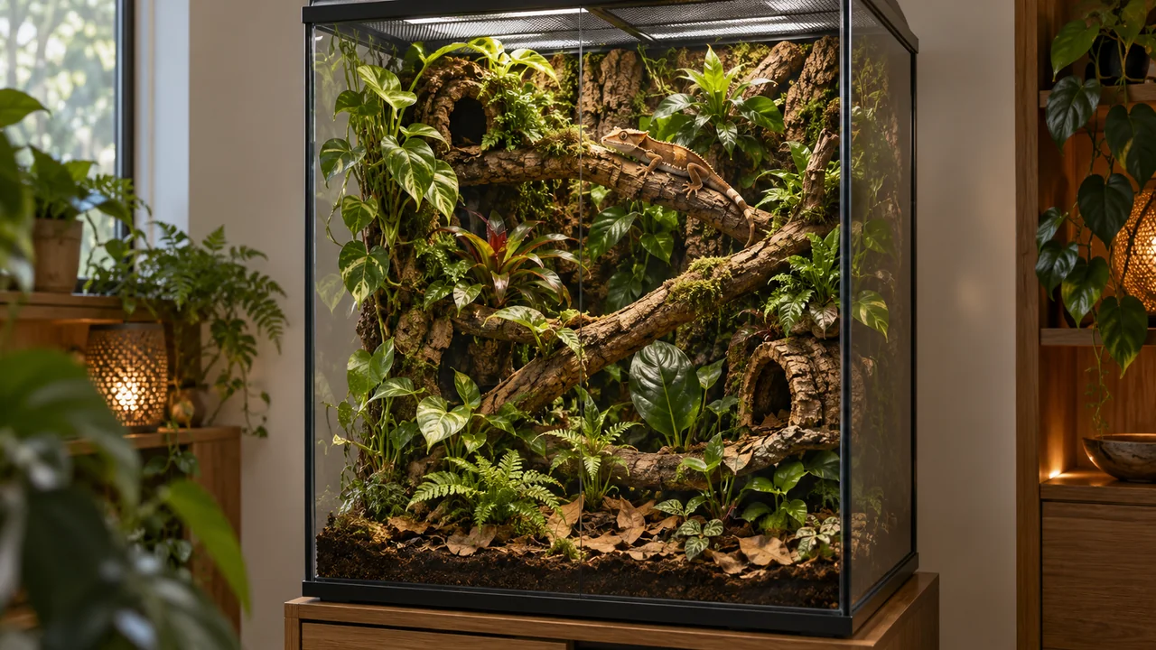 A tall planted crested-gecko enclosure with connected branches, leafy upper refuges and an accessible feeding ledge.