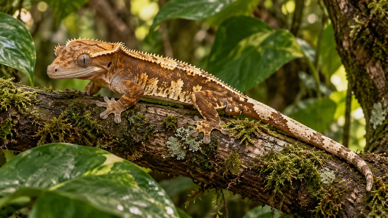 A chestnut crested gecko with eyelash crests, broad toes and a single long tail resting on a branch among broad forest leaves.