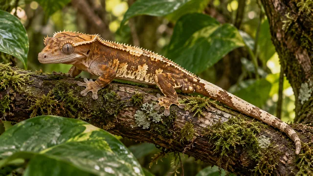 A chestnut crested gecko with eyelash crests, broad toes and a single long tail resting on a branch among broad forest leaves.