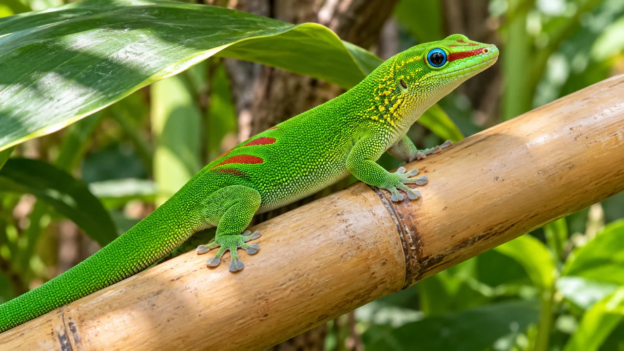 A gold dust day gecko rests on smooth bamboo beside a broad shaded leaf, showing flattened adhesive toes.