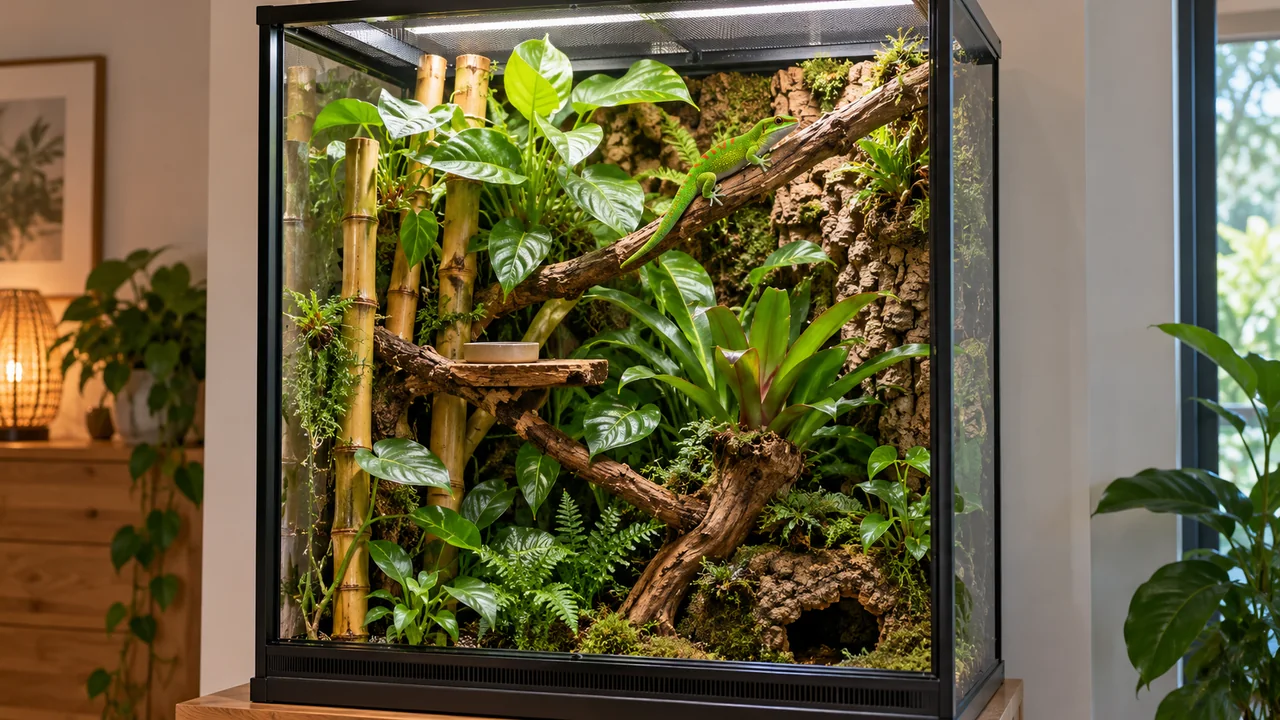 A bright vertical day-gecko enclosure with bamboo, connected branches, broad foliage and a shaded lower refuge.