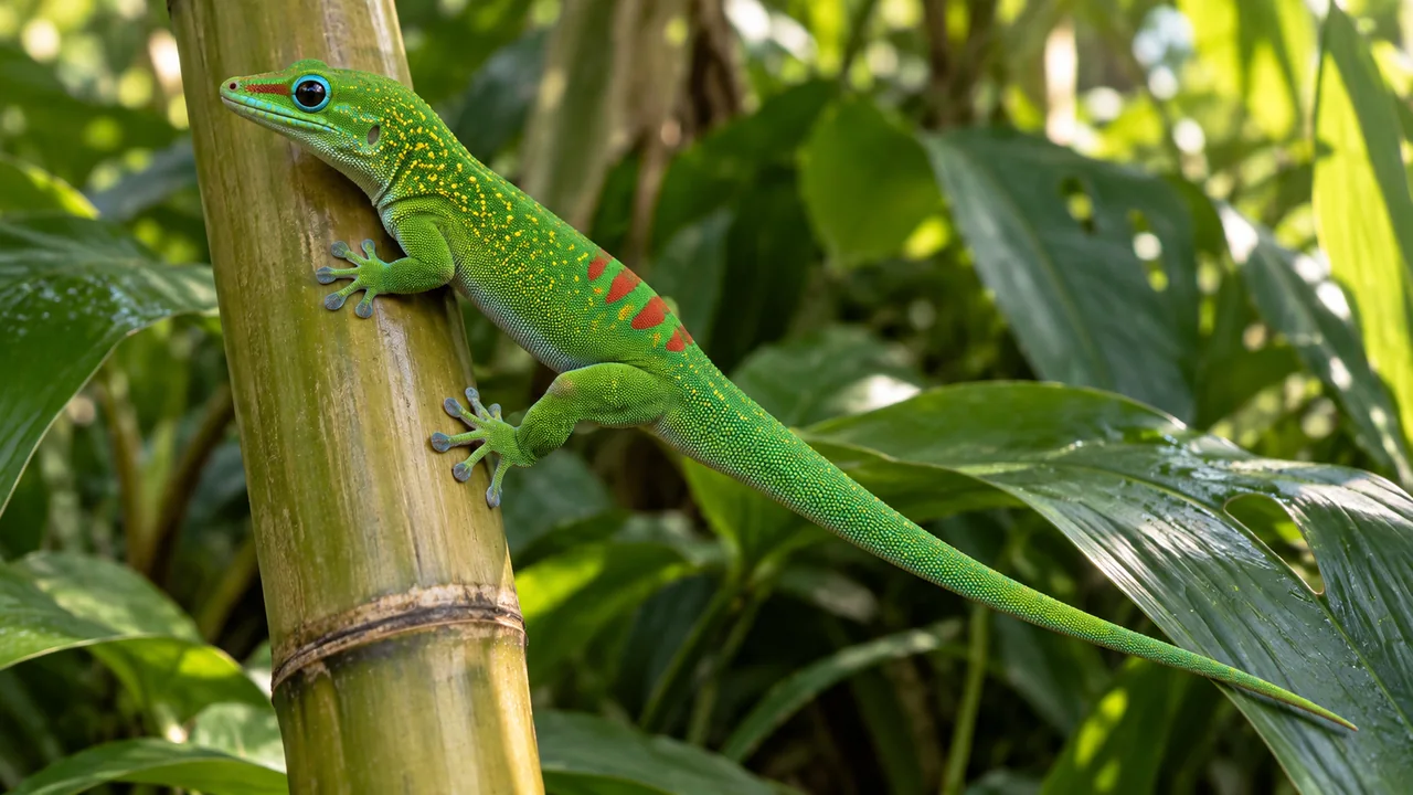An emerald gold dust day gecko with golden shoulder speckles, blue eye surround and red back markings on a smooth stem.