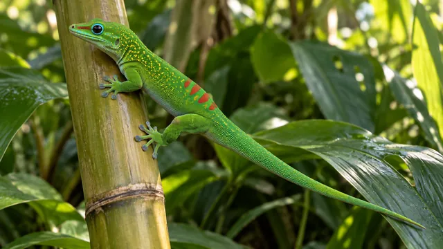 An emerald gold dust day gecko with golden shoulder speckles, blue eye surround and red back markings on a smooth stem.
