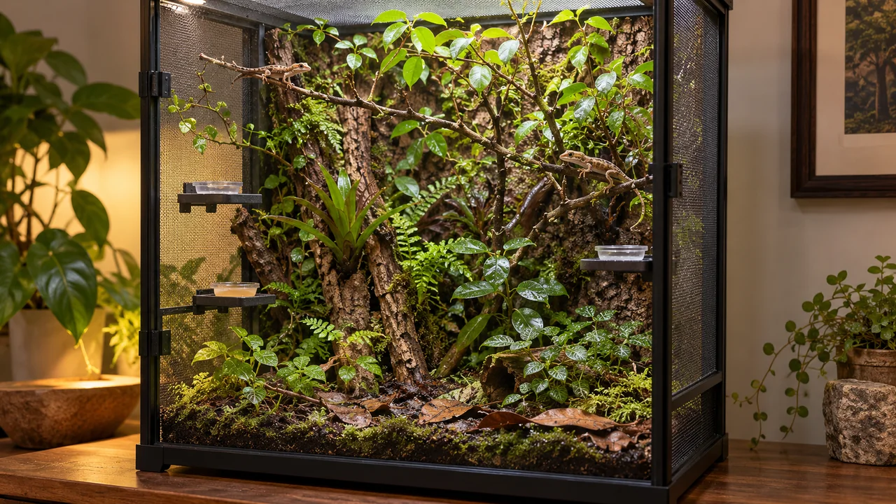 A small vertical planted mourning-gecko enclosure with fine climbing stems, multiple routes and screened ventilation.