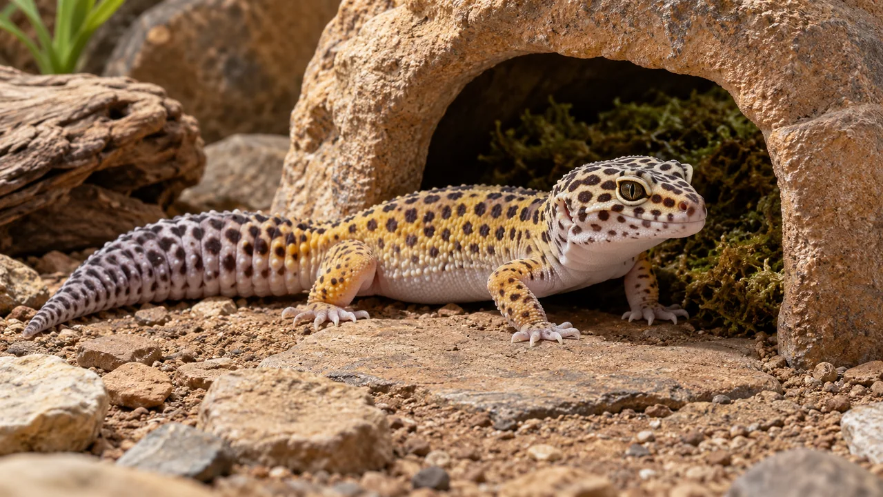A leopard gecko rests beside a humid hide containing damp moss while the surrounding ground remains dry.