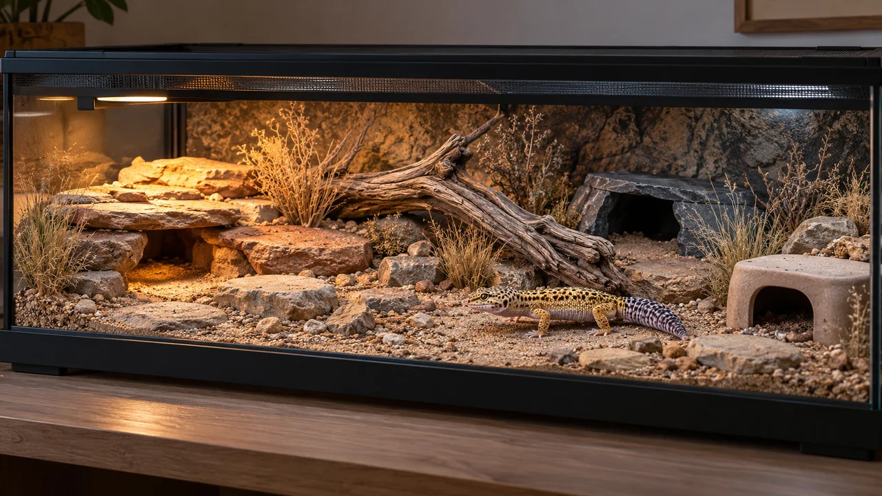 A wide dry leopard-gecko enclosure with low stable rocks, separate hides and clear ground-level walking routes.