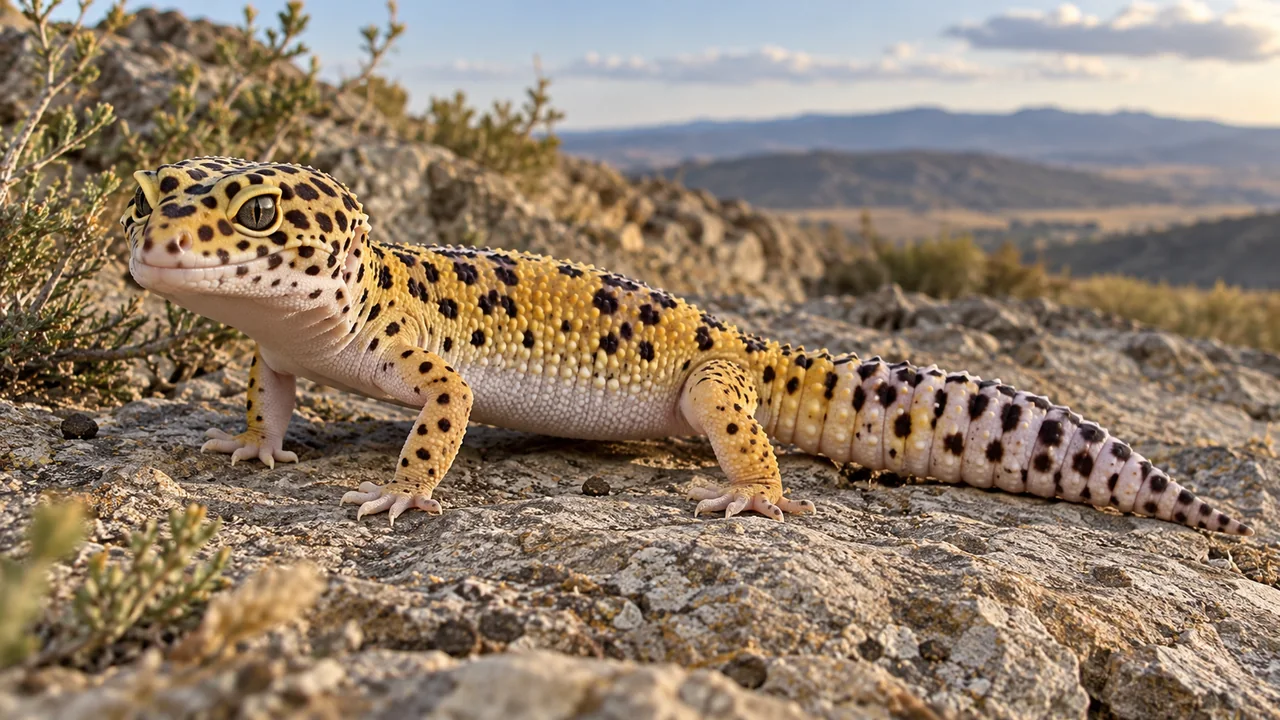 A spotted yellow-and-cream adult leopard gecko with eyelids, clawed toes and a thick tail on dry rock.