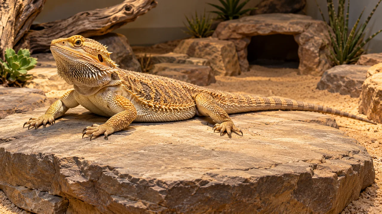A central bearded dragon rests with its body supported on a broad stone basking platform in a dry enclosure.