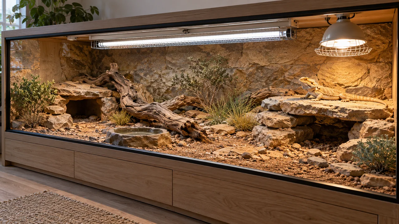 A spacious dry adult bearded-dragon enclosure with broad stone basking structure, overhead lighting and a shaded opposite end.