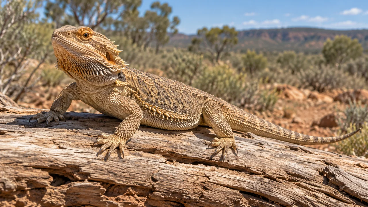 A full-sized sandy central bearded dragon with a spiny beard, strong clawed feet and long tail on dry wood.