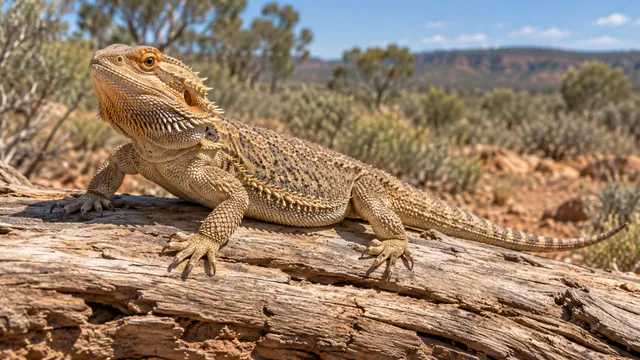 A full-sized sandy central bearded dragon with a spiny beard, strong clawed feet and long tail on dry wood.