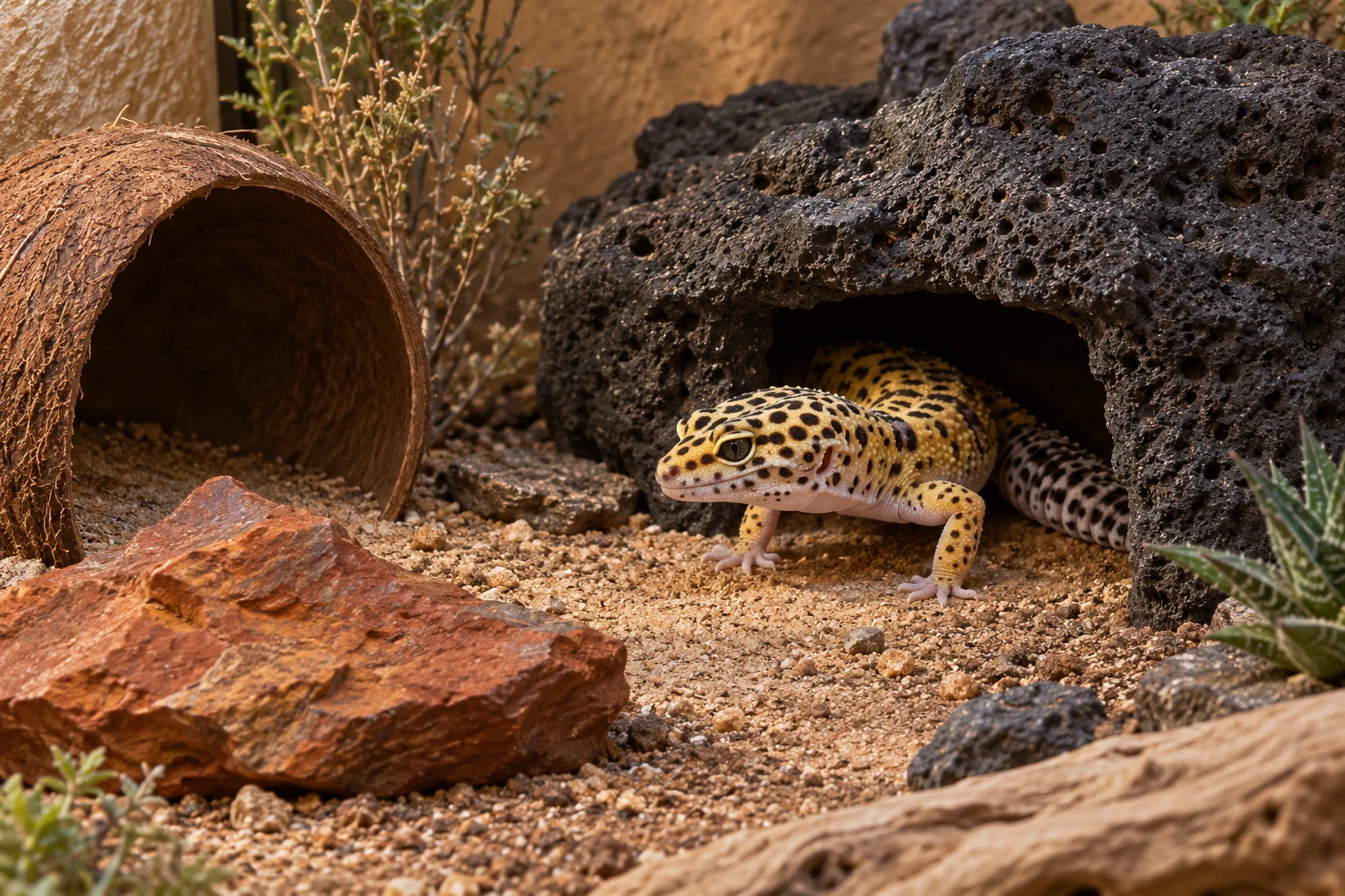 A separate ground-dwelling example shows why adult scale, wide access and stable rock support matter. The illustrated refuge is not a complete care plan or a supplied manufactured cave.