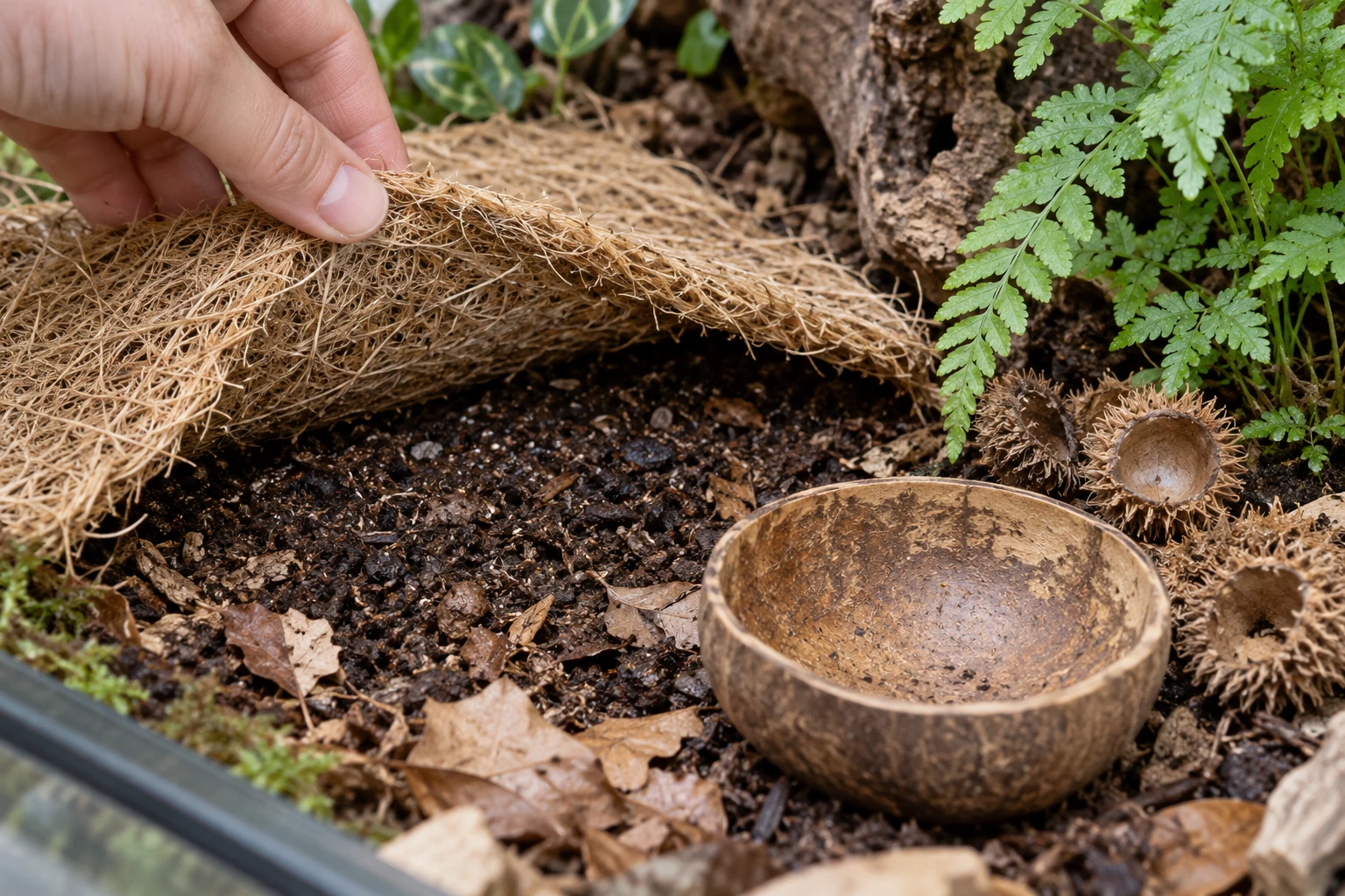 Lift and inspect removable Palm Bakla Mat. A Tumpi bowl and Beech cupules remain separate loose accents, allowing the contact area and surrounding soil to be checked.