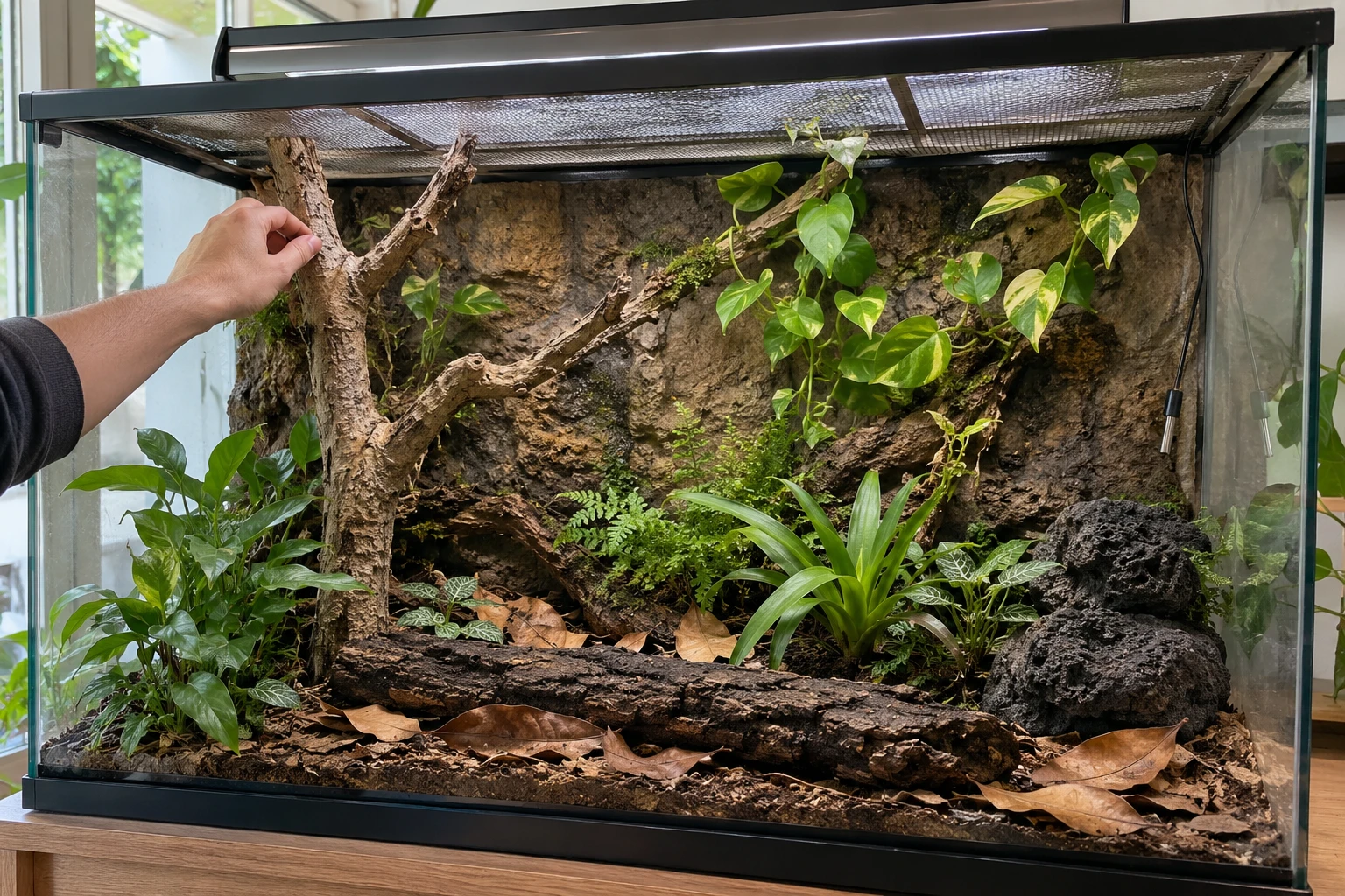Test the enclosure before adding the animal. Check mounts, accessible bark and leaf litter under the intended equipment and moisture conditions; the loose botanicals are not structural supports.