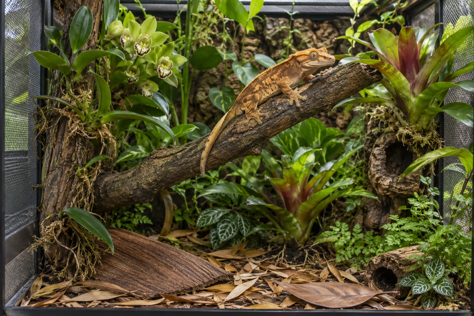 A crested gecko uses the main supported branch. Bamboo and Mango leaves and Palm Bakla Mat are removable floor accents; assess each against the named species and its moisture conditions.