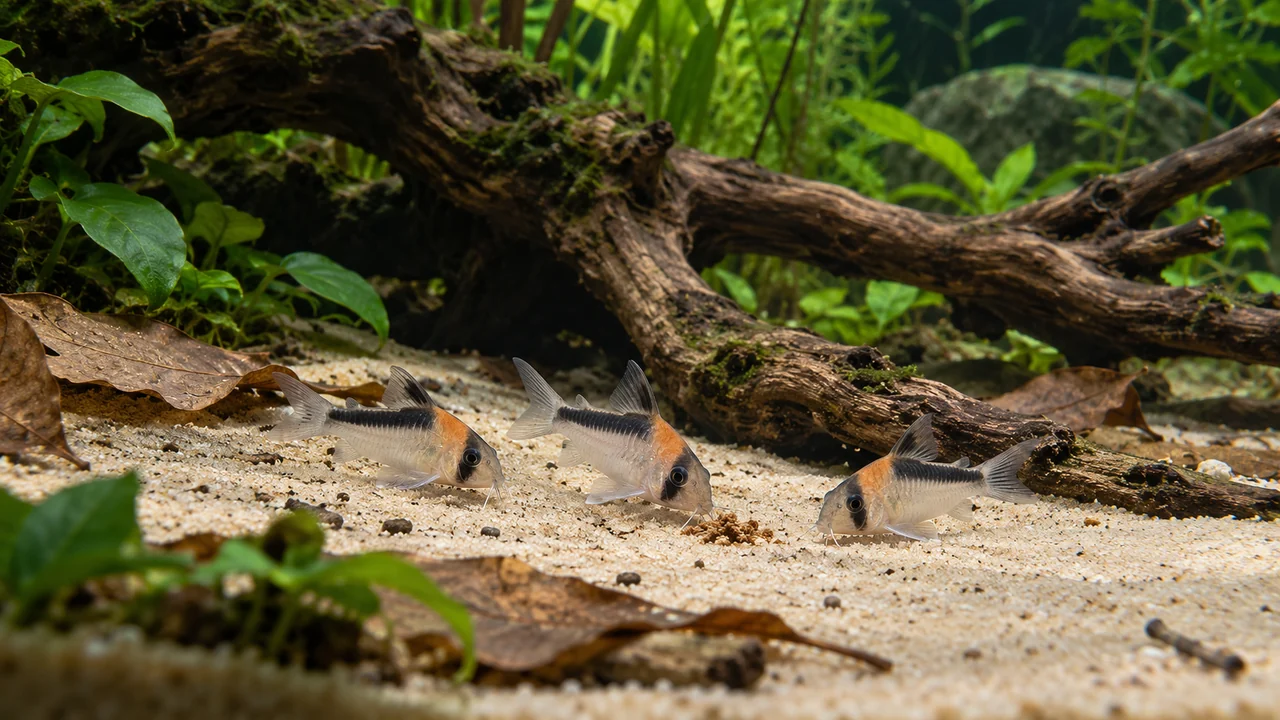 Adolfo’s corys foraging beside a small sinking portion on fine sand, showing intact barbels and pale armoured bodies.