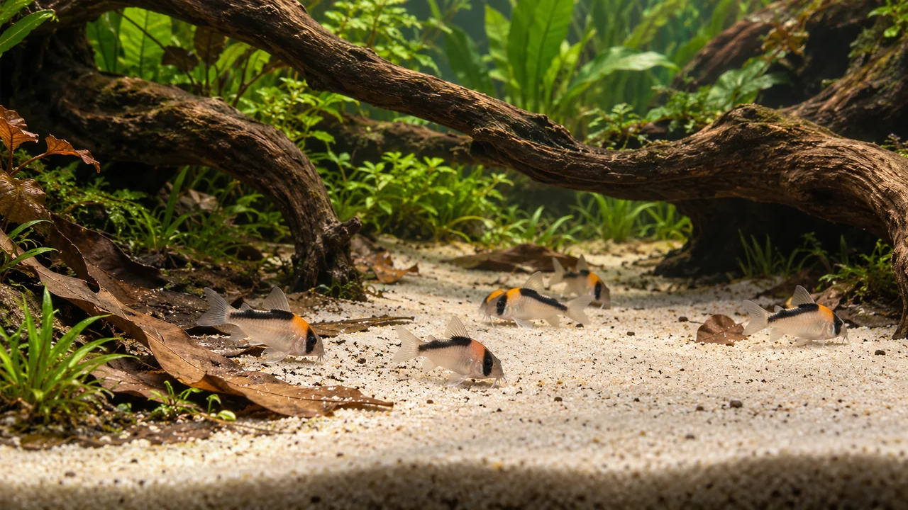 A group of Adolfo’s corys on open fine sand beneath broad wood passages, with planting at the margins.