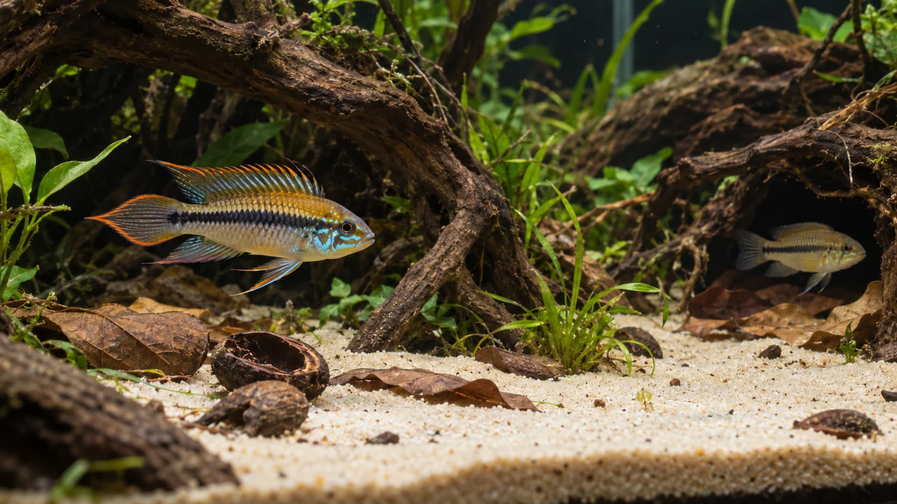 Agassiz’s Dwarf Cichlid in a structured aquarium with suitable cover, open water and maintenance access.