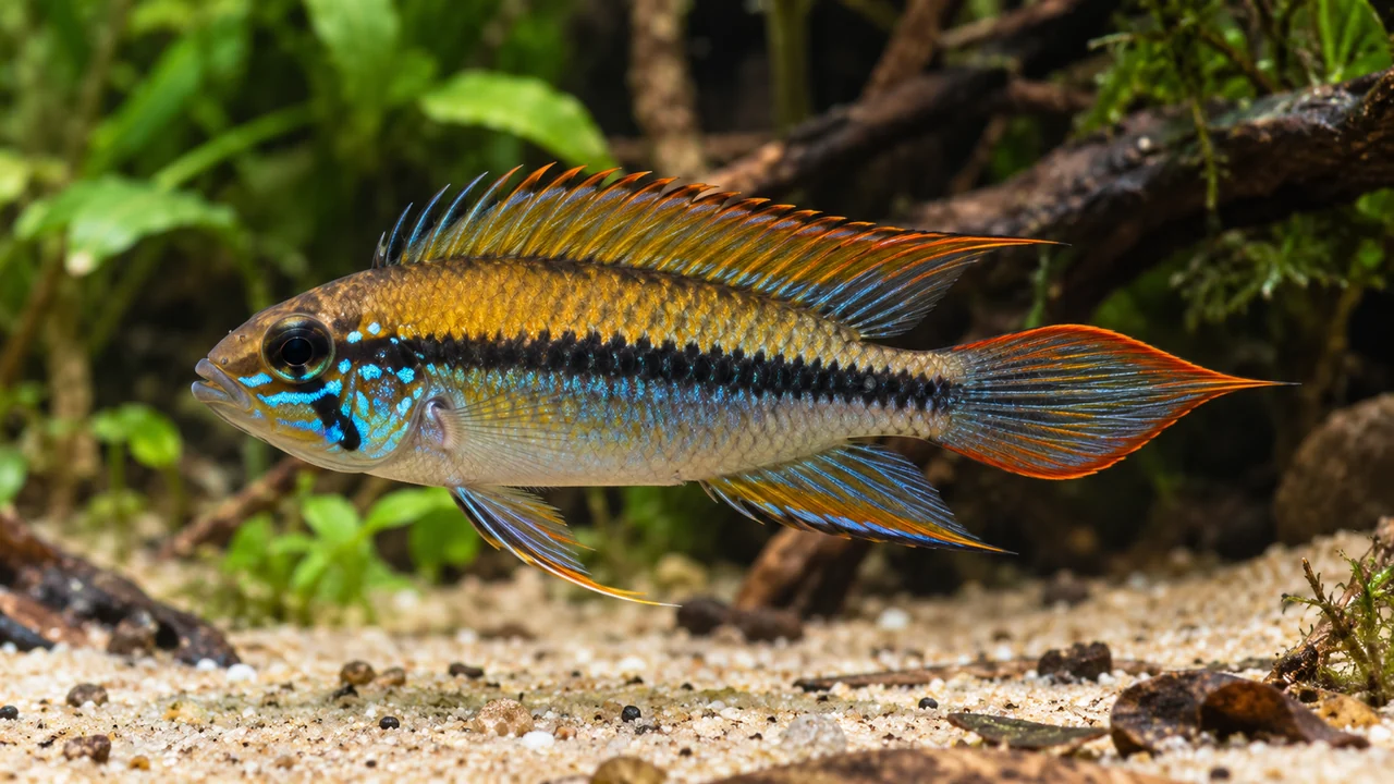 Agassiz’s Dwarf Cichlid showing its identifying shape and markings in a suitable aquarium setting.