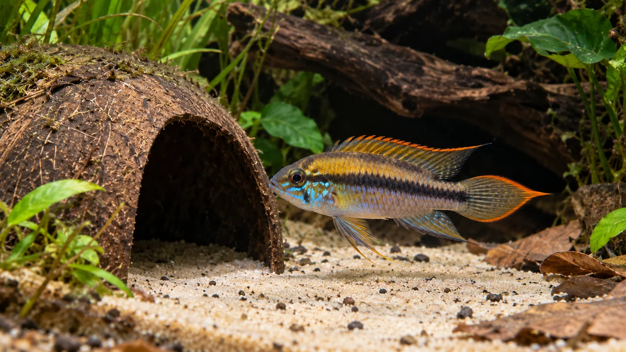 Agassiz’s dwarf cichlid near a safe shaded shelter with open sand around its entrance.