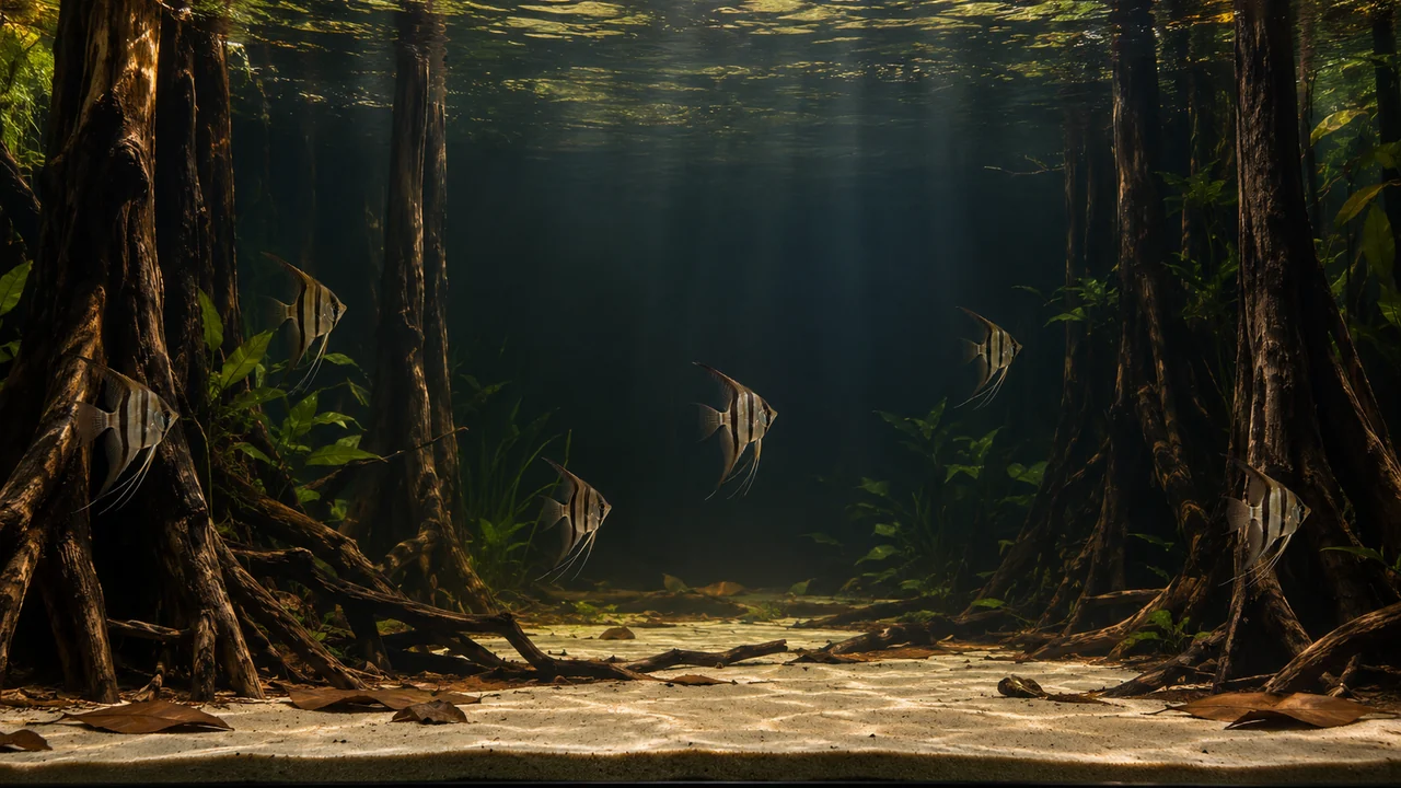 A loose Altum group in a very tall aquarium, with roots along the margins and broad central water.