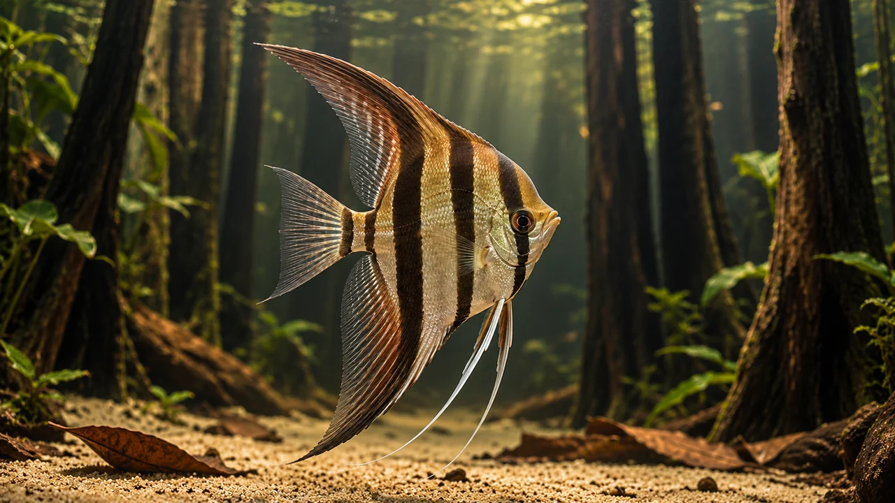 Altum Angelfish showing its identifying shape and markings in a suitable aquarium setting.