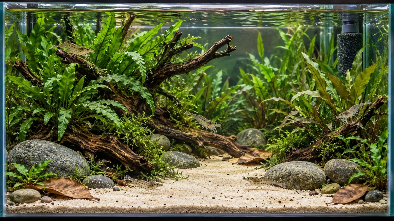 A planted Amano shrimp aquarium with branching wood, river stones, a few leaves, a sponge-protected intake and an open sand corridor.
