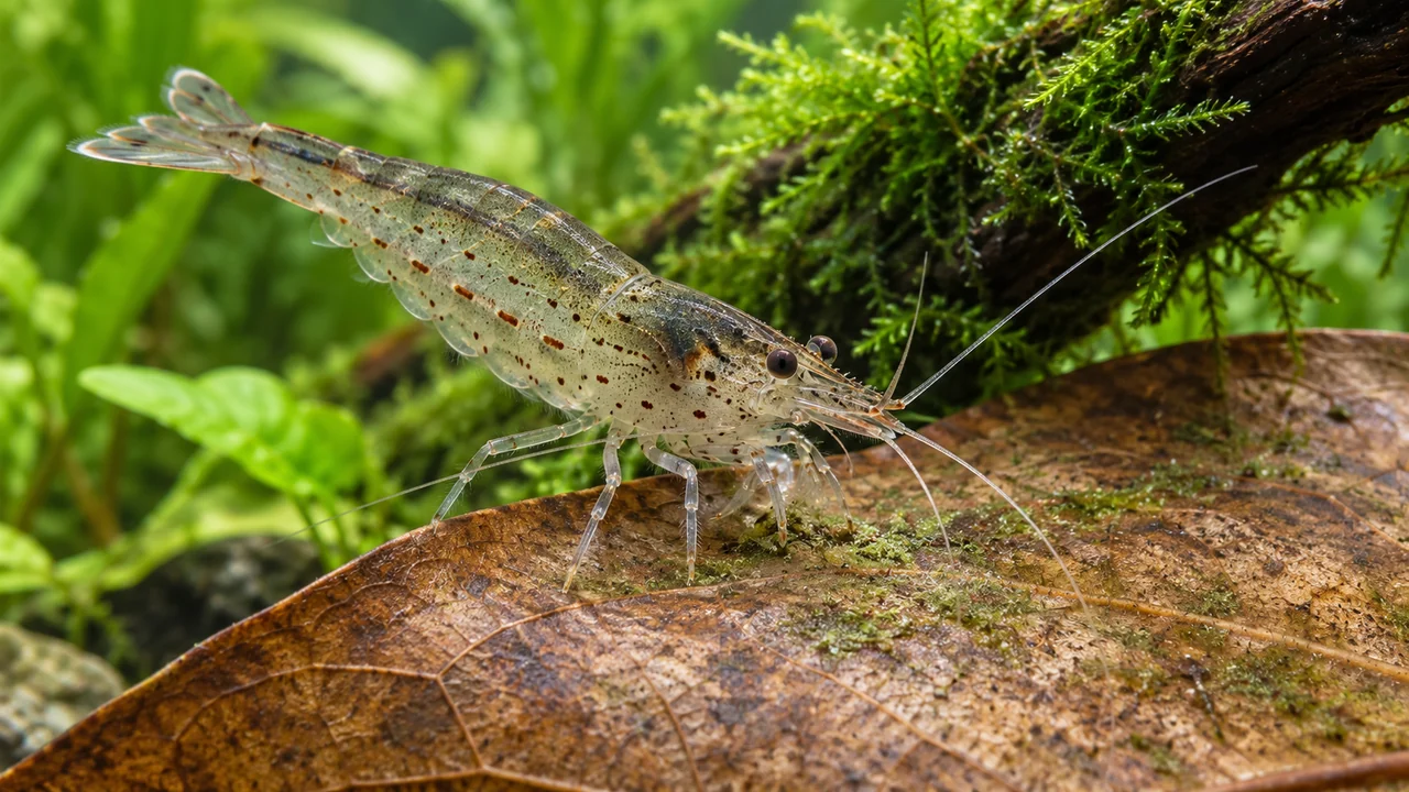 An Amano shrimp using its fine feeding appendages to graze a thin surface growth on a submerged brown leaf beside mossy wood.