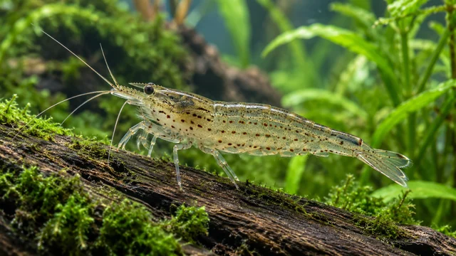 A translucent Amano shrimp with brown flank markings, a slender rostrum and fine antennae standing on submerged wood beside green planting.