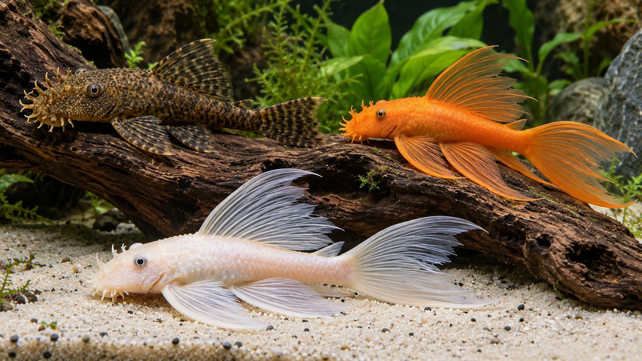 White longfin domestic Ancistrus beside darker domestic varieties in a natural aquarium.