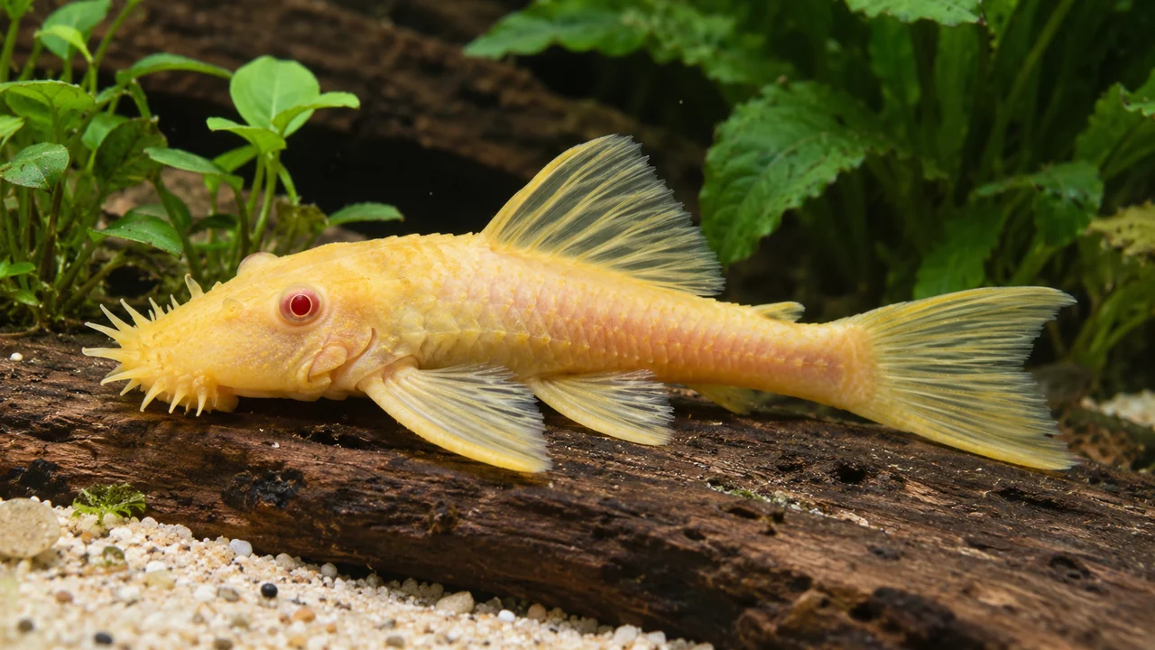 Yellow red-eyed domestic albino Ancistrus resting beside natural wood.