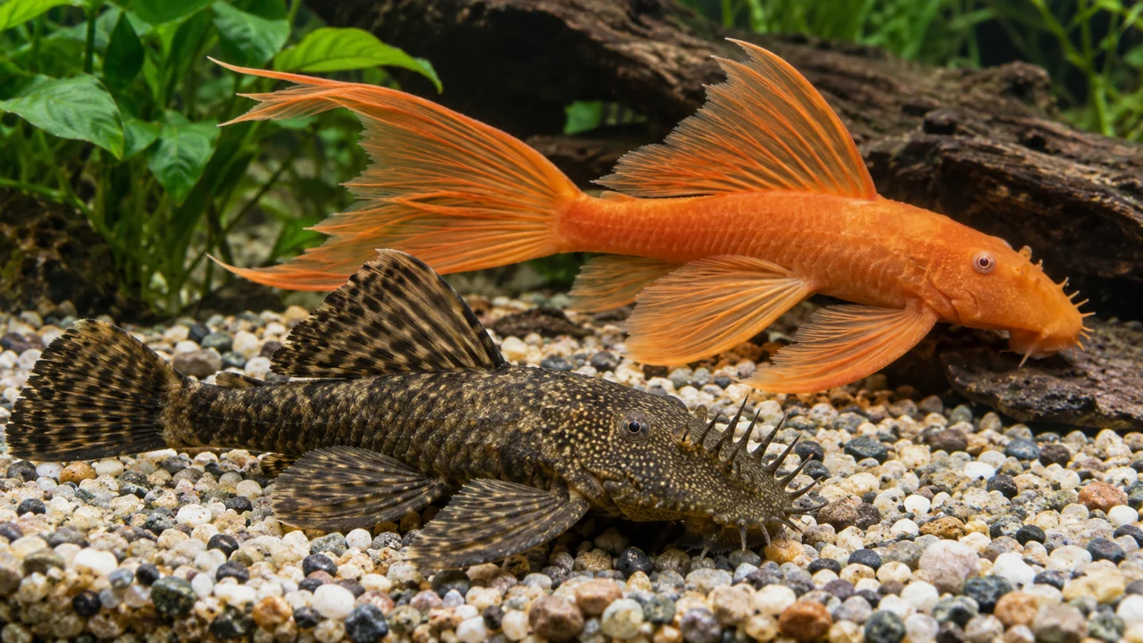 Ancistrus varieties showing its identifying shape and markings in a suitable aquarium setting.