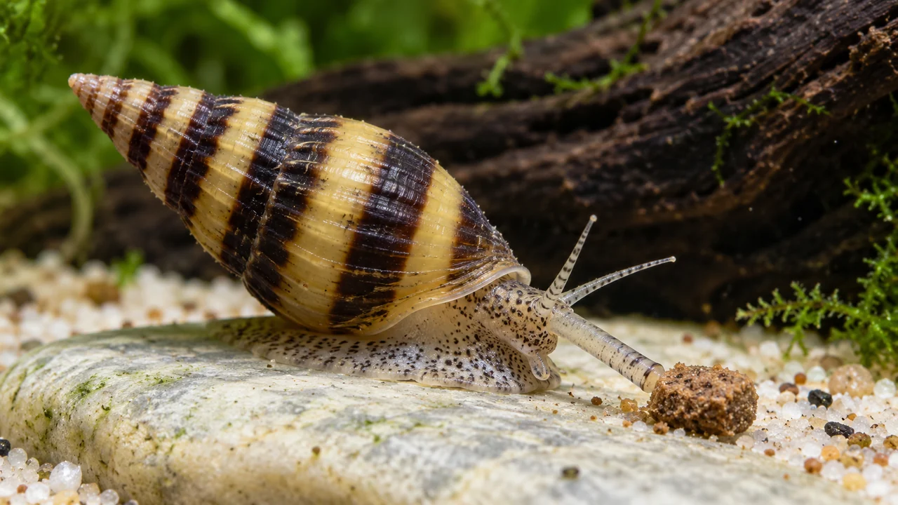 An assassin snail with a forward siphon feeding at a small sinking pellet on an accessible stone.