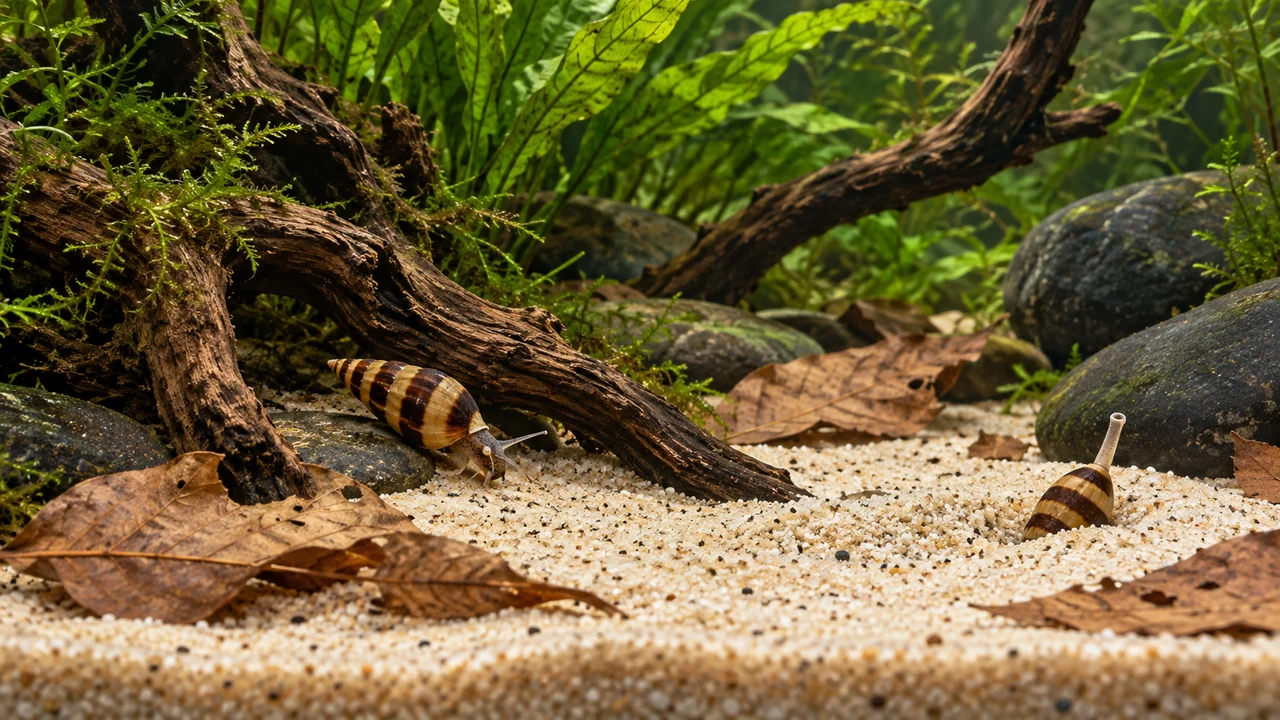 Two small banded assassin snails on sand near roots and a few leaves in a dedicated planted aquarium.